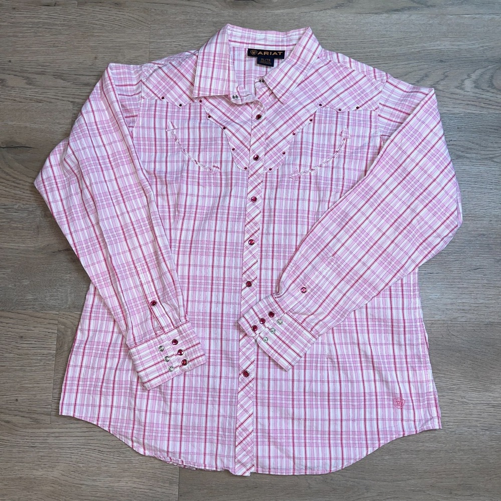 Ariat Womens XL Pink Plaid Snap Pearl Western Shirt Rhinestone Stud Yoke Country